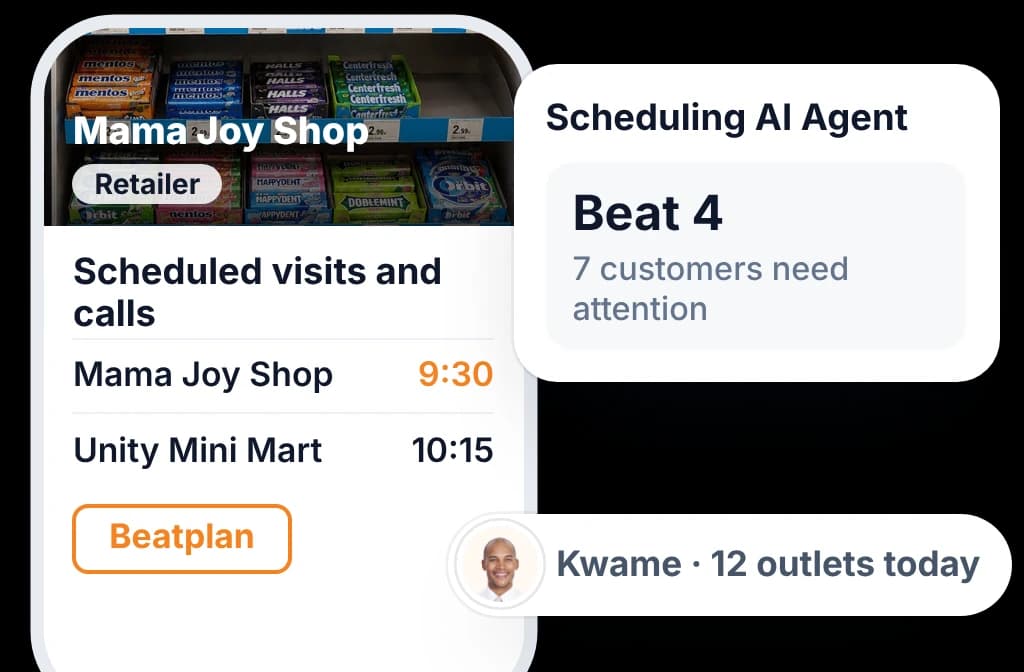 A rep's day of scheduled visits on the phone, with the Beatplan button and the Scheduling AI Agent's recommended beat