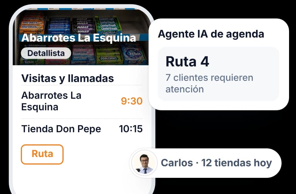 El día del vendedor en el teléfono, con sus visitas programadas y la ruta que recomienda el agente IA de agenda