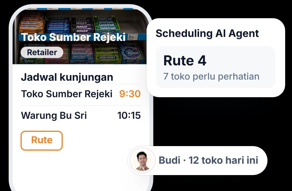 Hari kerja sales di ponsel dengan jadwal kunjungan dan rute yang disarankan Scheduling AI Agent