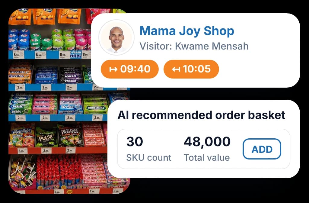 A rep checked in at a shop with in and out times, and the AI recommended order basket ready to add