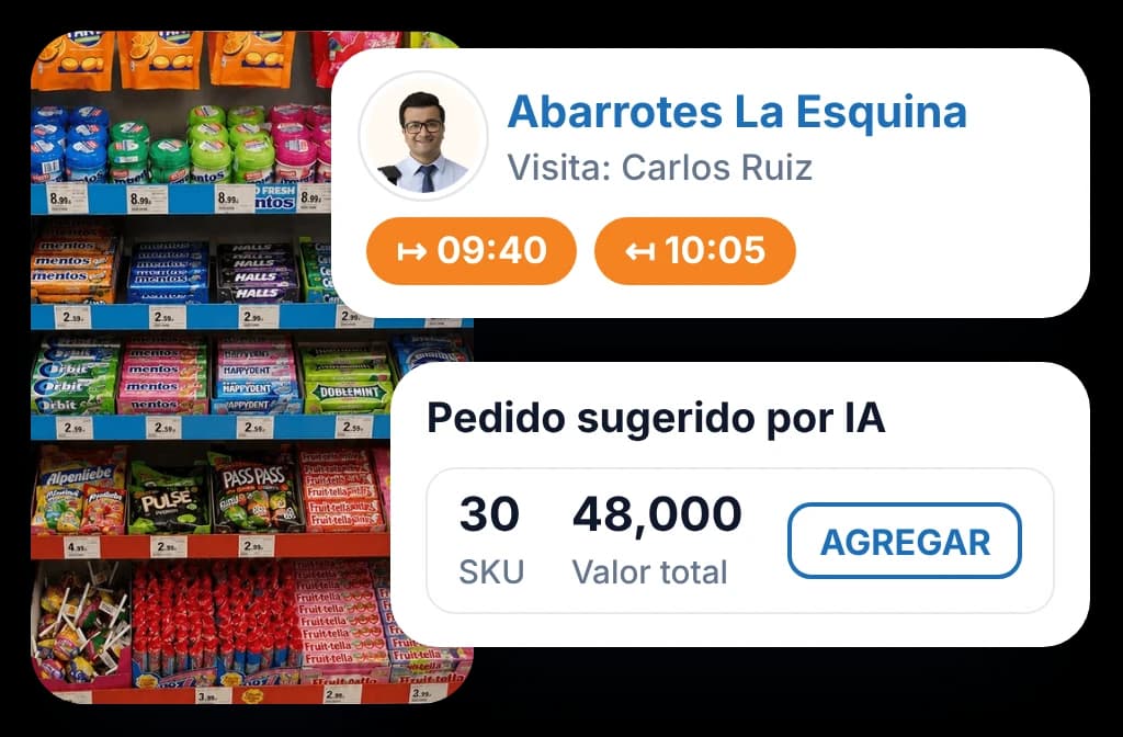 Un vendedor registrado en la tienda con hora de entrada y salida, y el pedido sugerido por IA listo para agregar