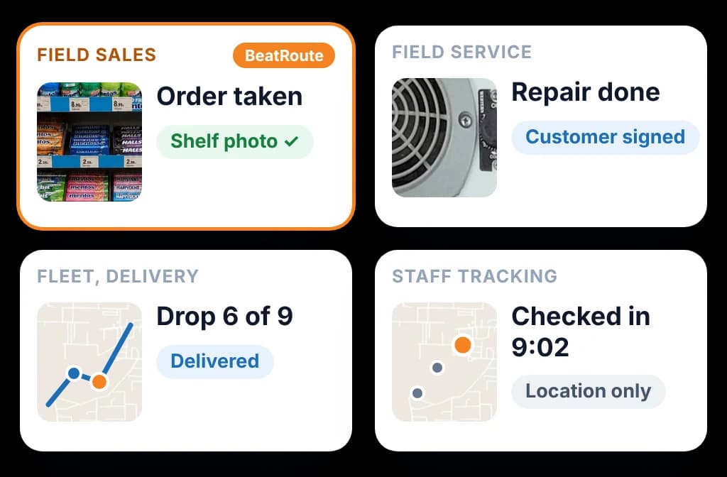Four kinds of field force software, each with how its visit ends: an order, a signed repair, a delivery or a check-in