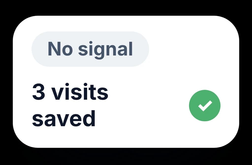 A phone with no signal holding saved visits that sync when the connection returns