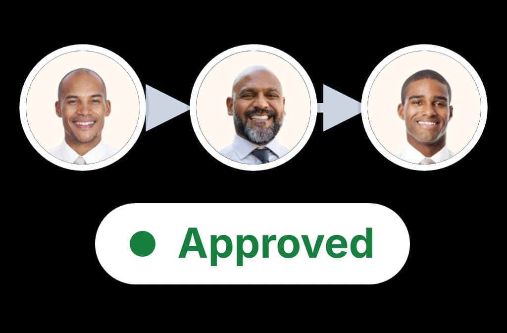 An approval moving up the chain of managers, each shown by a photo of the person