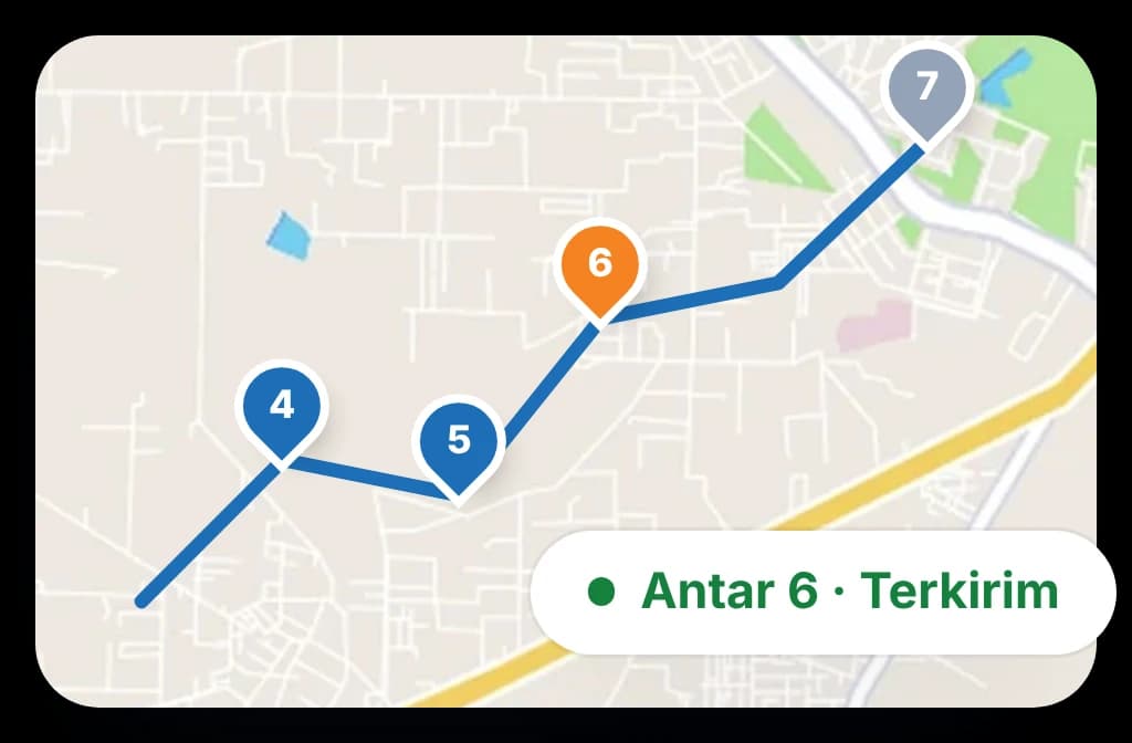 Rute pengiriman di peta dengan titik antar bernomor dan titik terakhir sudah terkirim
