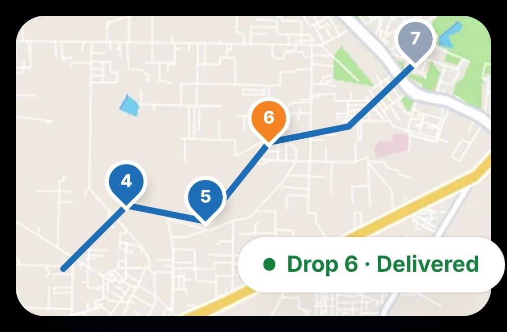 A delivery route on a map with numbered drops and the latest one marked as delivered