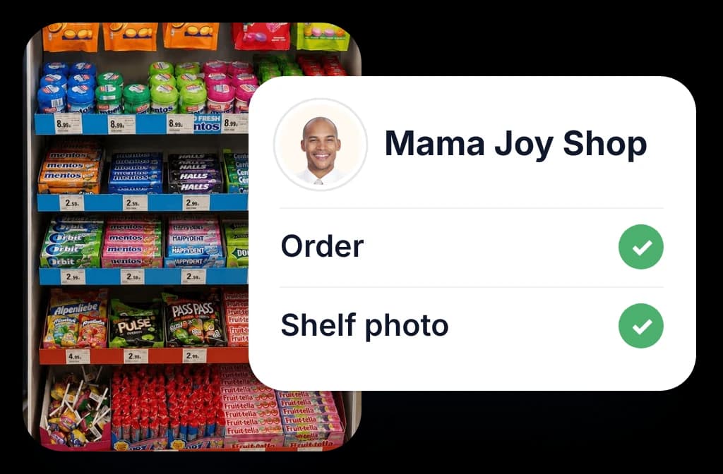 An outlet shelf beside a rep's visit card with the order and the shelf photo both ticked off