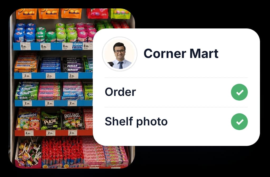 A shop shelf beside a rep's visit card with the order and the shelf photo both ticked off