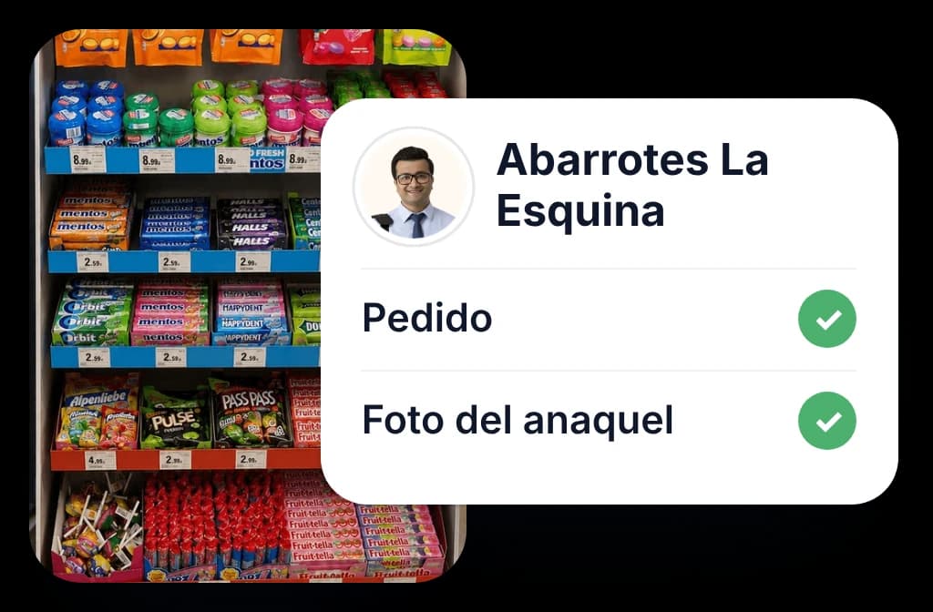 Un anaquel de tienda junto a la visita del vendedor con el pedido y la foto del anaquel completados