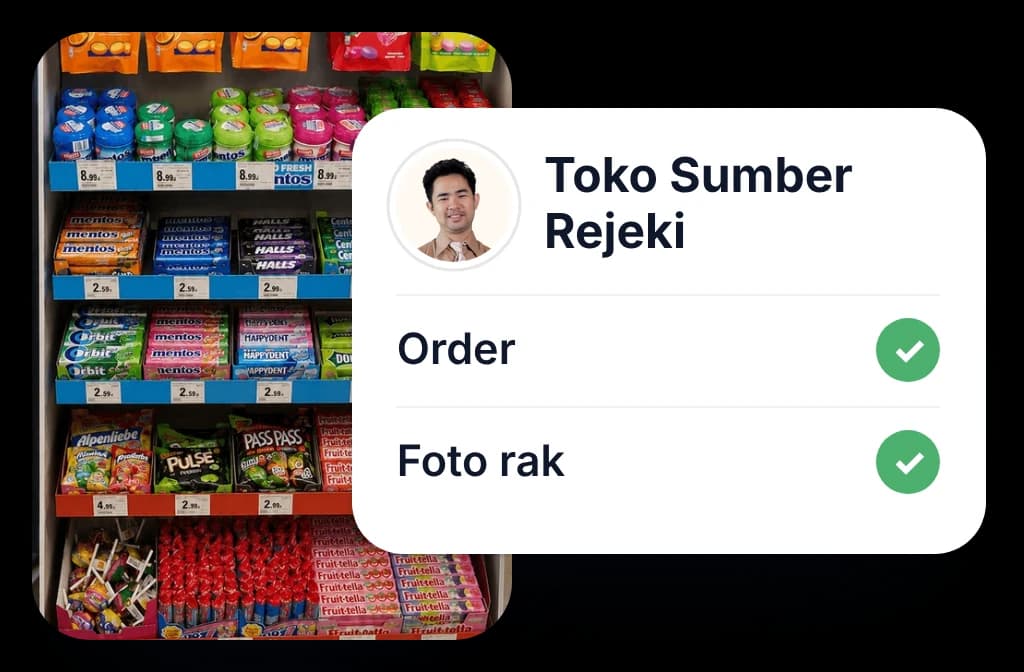 Rak toko di samping kartu kunjungan sales dengan order dan foto rak yang sudah selesai