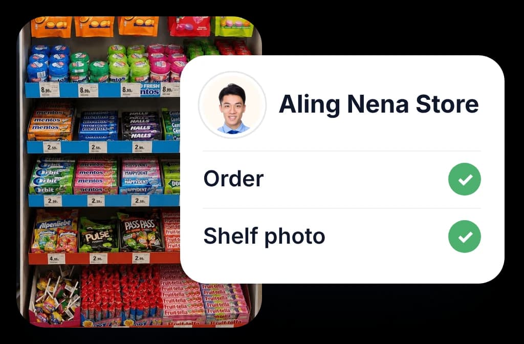 A sari-sari store shelf beside a rep's visit card with the order and the shelf photo both ticked off