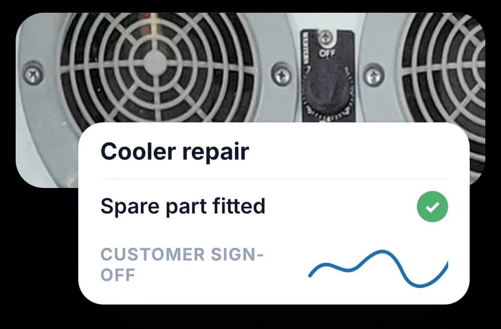A cooler's fans with a work order showing the spare part fitted and the customer's signature