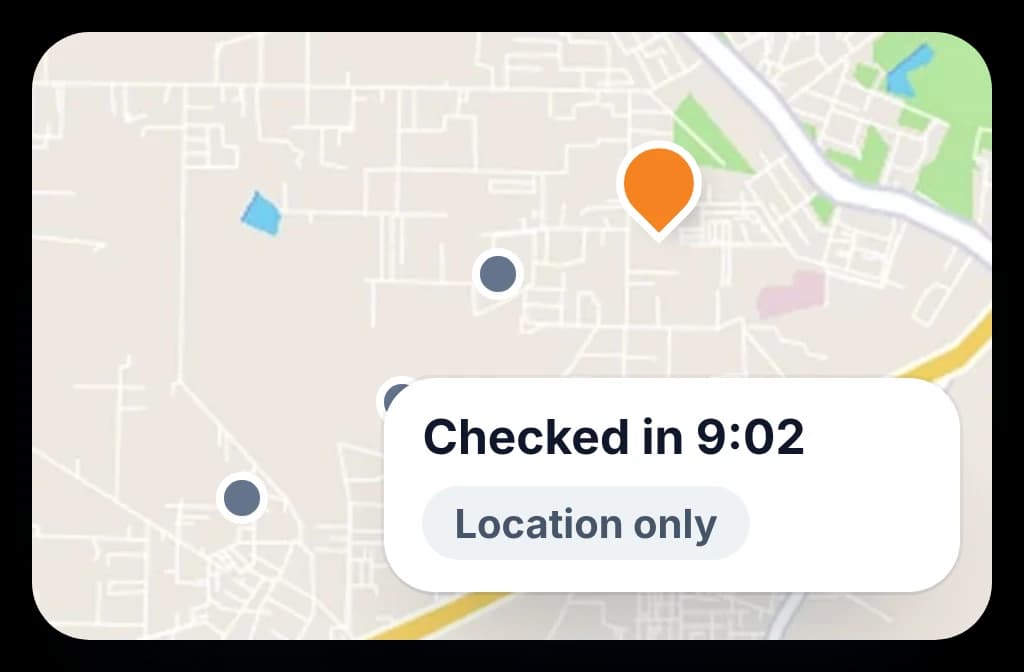 A map with a trail of location dots and a check-in that records attendance and location only