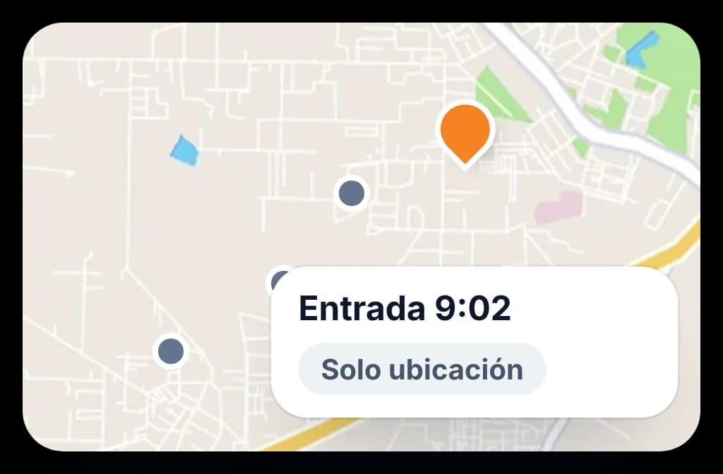 Un mapa con un rastro de puntos de ubicación y un registro que solo guarda asistencia y ubicación