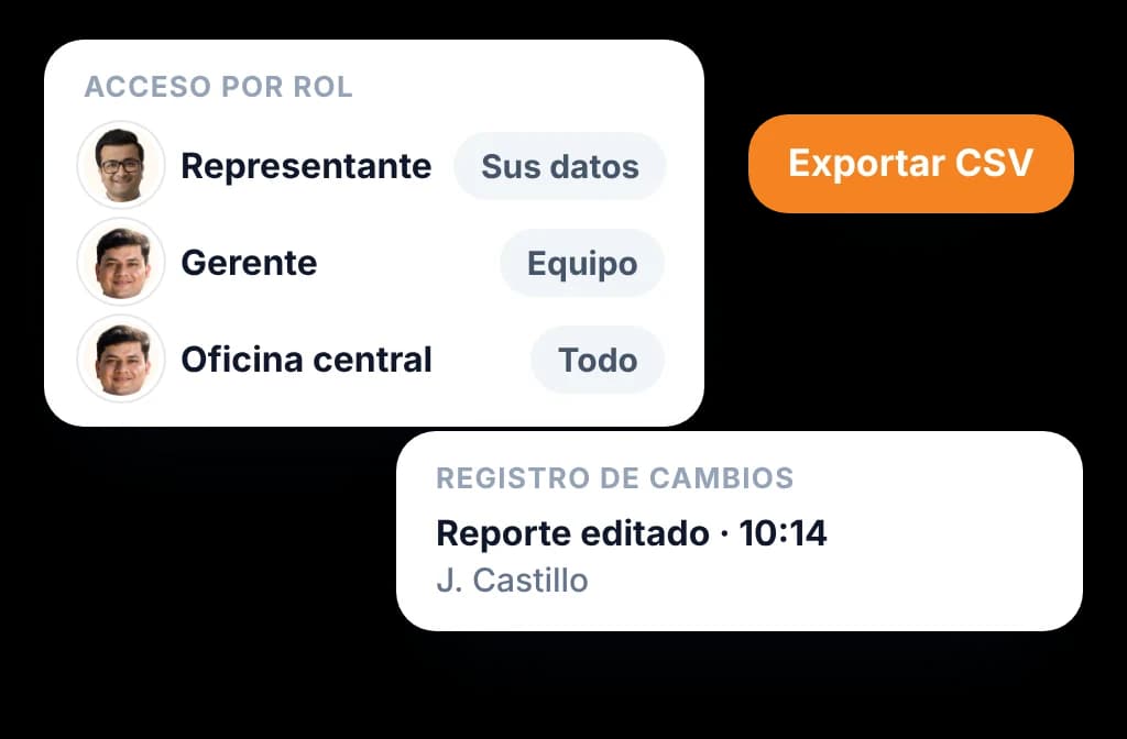 Acceso por rol para visitador, gerente y oficina central, con registro de cambios y exportación CSV
