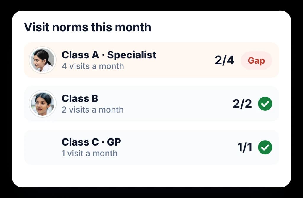 Visit norms by doctor class, with a key specialist short of the planned visits flagged as a gap