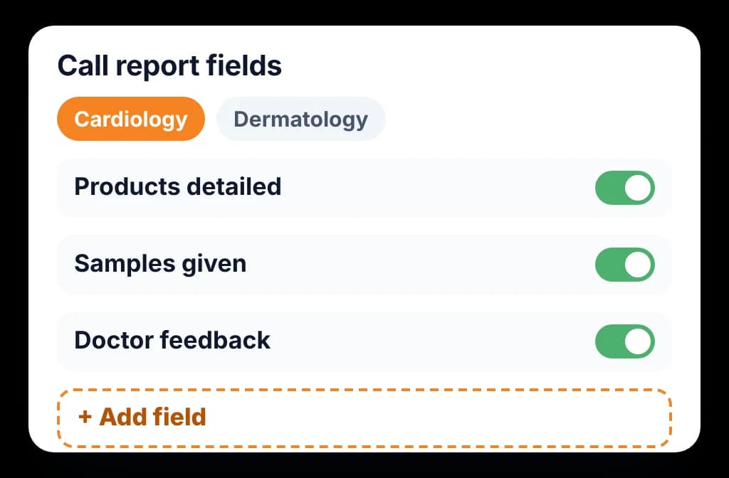 Call report field settings for one division, with fields switched on and a new field being added