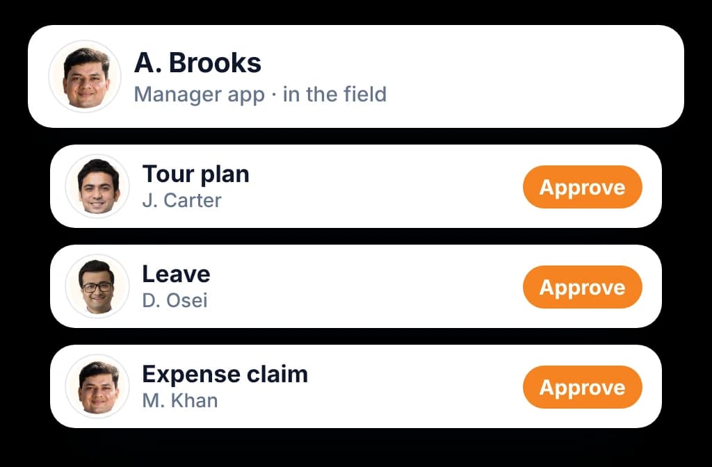 Manager app in the field with a tour plan, a leave request and an expense claim waiting for approval