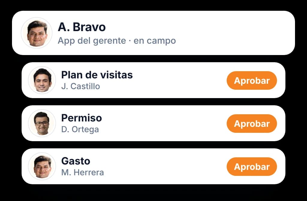 App del gerente en campo con un plan de visitas, un permiso y un gasto pendientes de aprobar