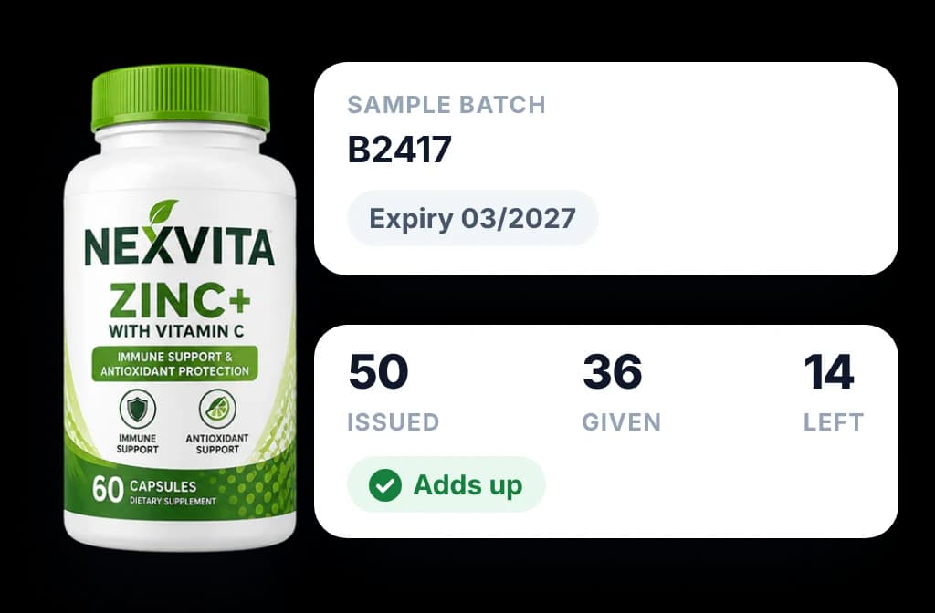 Sample batch with its expiry date, and stock issued, given out and left over that adds up