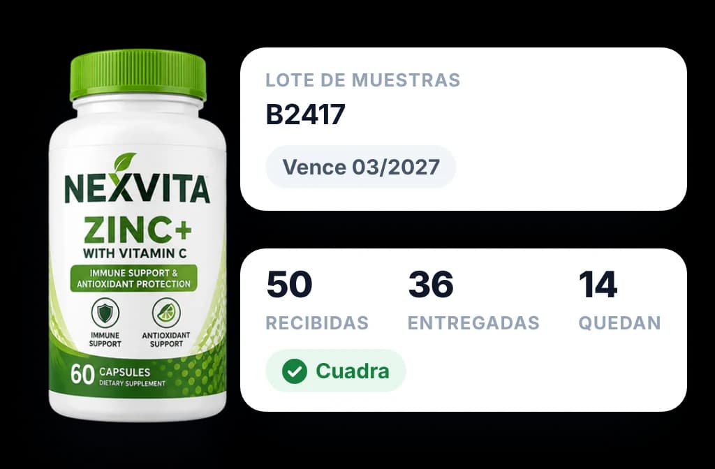 Lote de muestras con su fecha de vencimiento y lo recibido, entregado y restante que cuadra