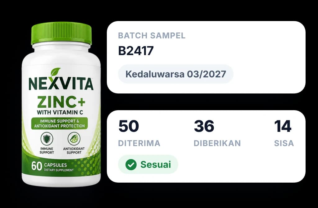 Batch sampel dengan tanggal kedaluwarsa, serta jumlah diterima, diberikan dan sisa yang sesuai