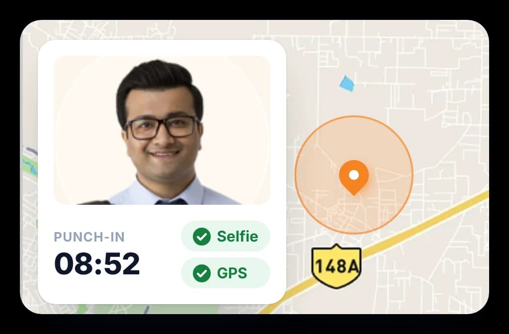 Medical rep's punch-in with a live selfie and a GPS pin on the map, stamped with the time