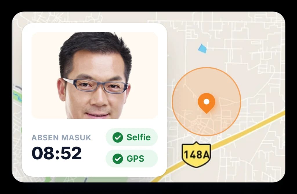 Absen masuk medical representative dengan selfie langsung dan titik GPS di peta, lengkap dengan jamnya