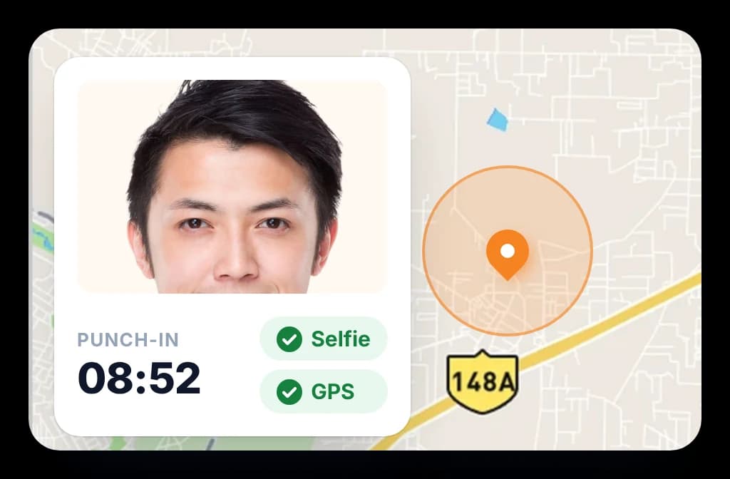 Medical rep's punch-in with a live selfie and a GPS pin on the map, stamped with the time