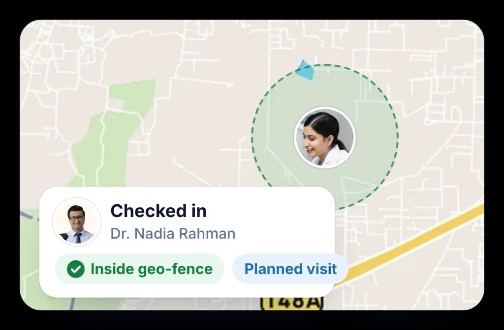 Geo-fenced check-in on a map: the rep is checked in at a planned doctor visit inside the clinic's fence