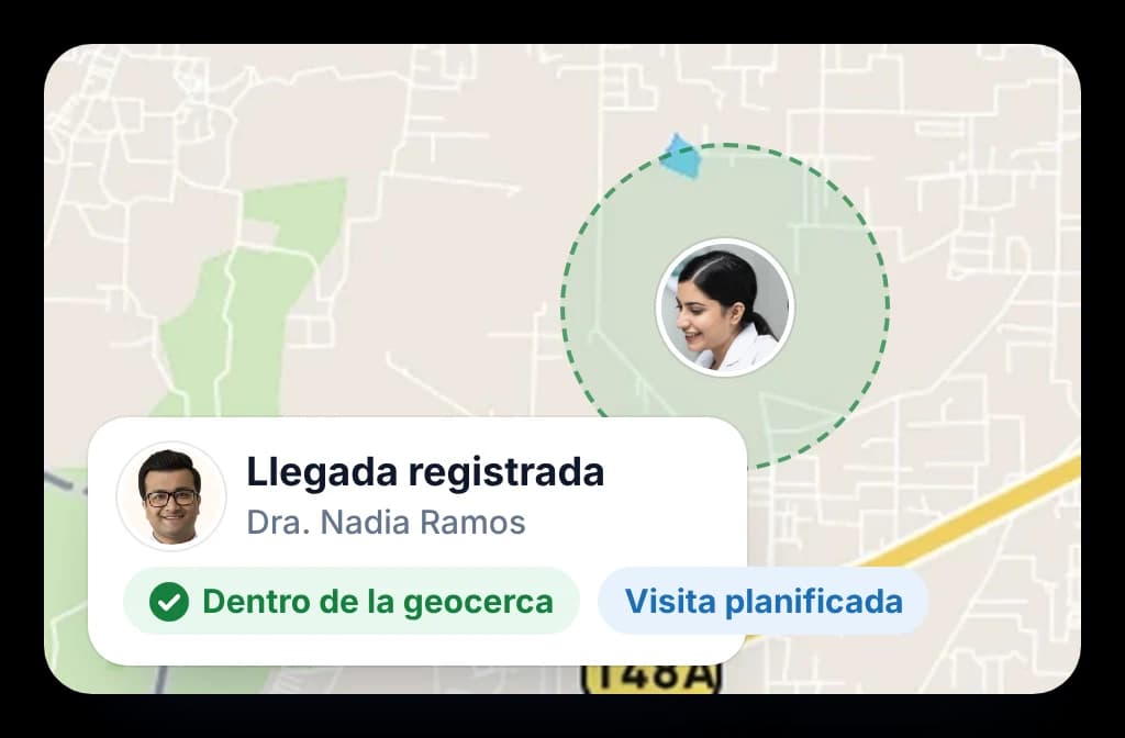 Llegada con geocerca en un mapa: el visitador registra una visita planificada dentro del consultorio