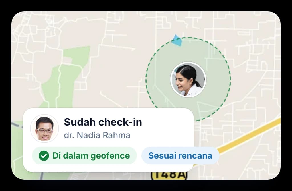 Check-in dengan geofence di peta: MR tercatat hadir pada kunjungan dokter yang direncanakan