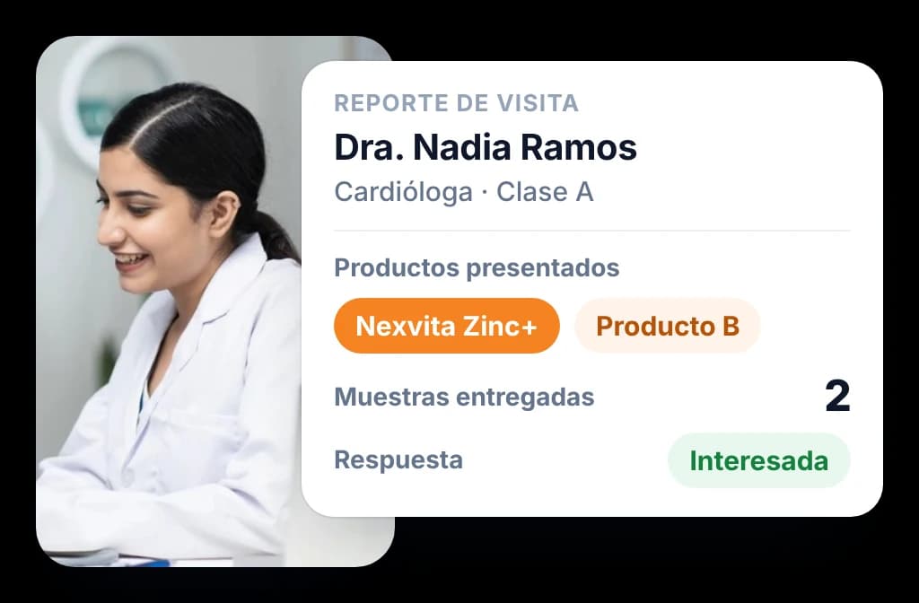 Reporte diario de visita a una cardióloga con los productos presentados, las muestras y su respuesta