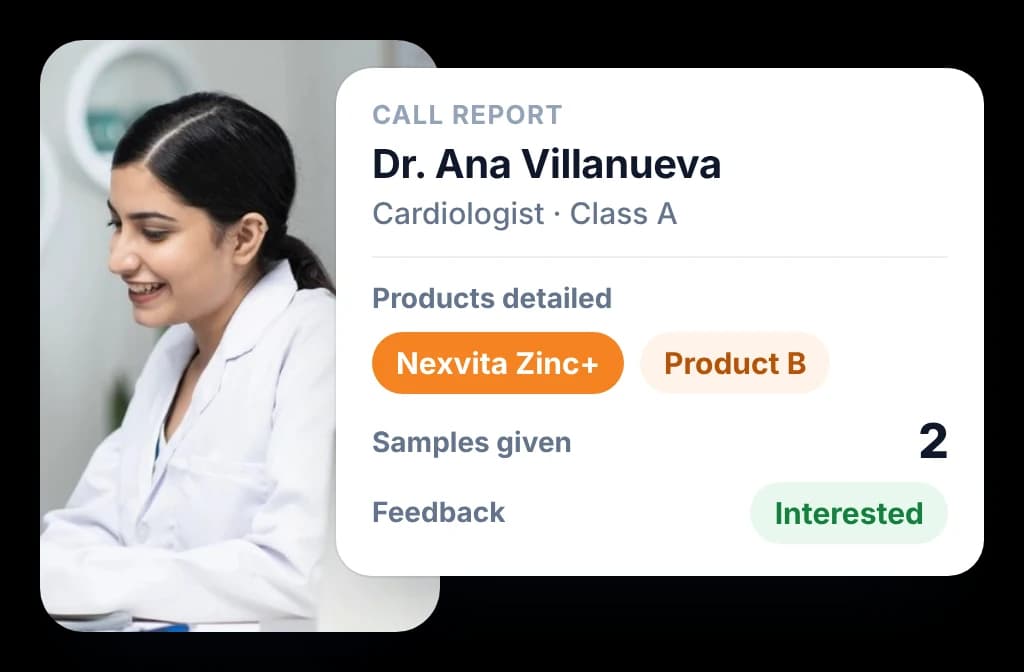 Daily call report for a cardiologist showing the products detailed, samples given and the doctor's feedback