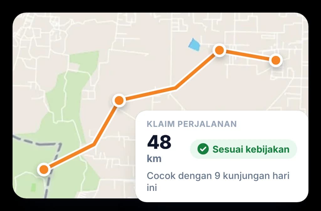 Klaim perjalanan di peta rute hari itu, sesuai kebijakan dan cocok dengan kunjungan yang dilakukan