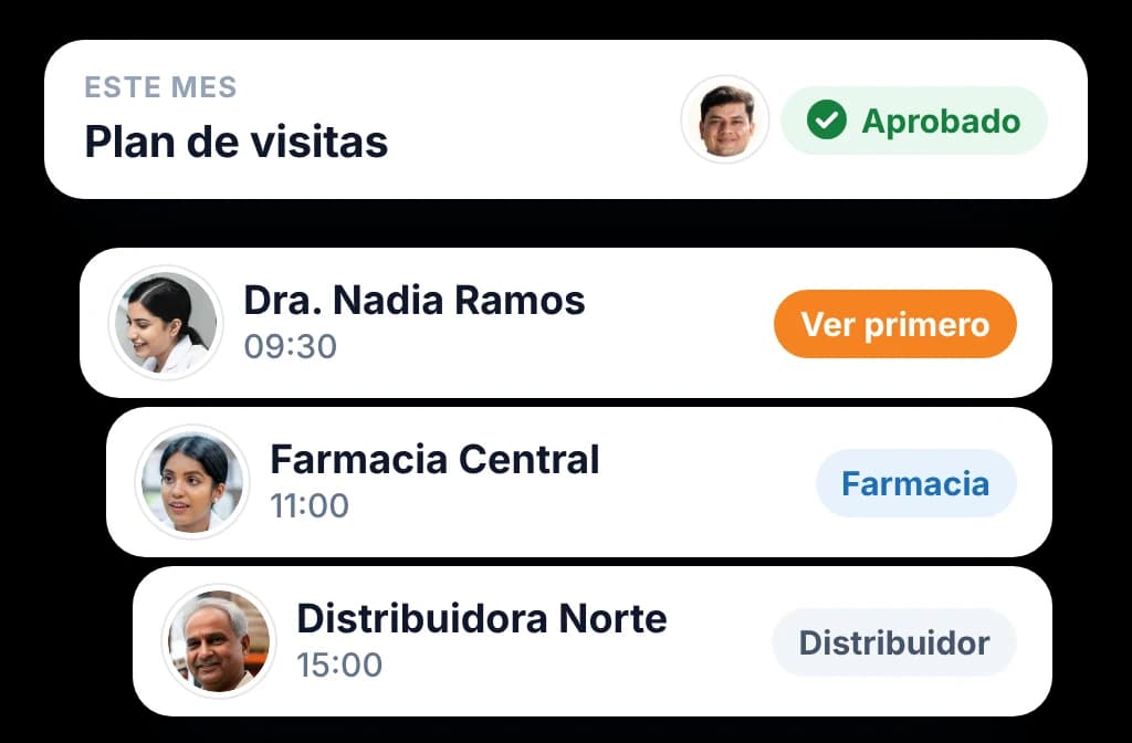 Plan de visitas del mes aprobado por el gerente, con un médico, una farmacia y un distribuidor, y a quién ver primero