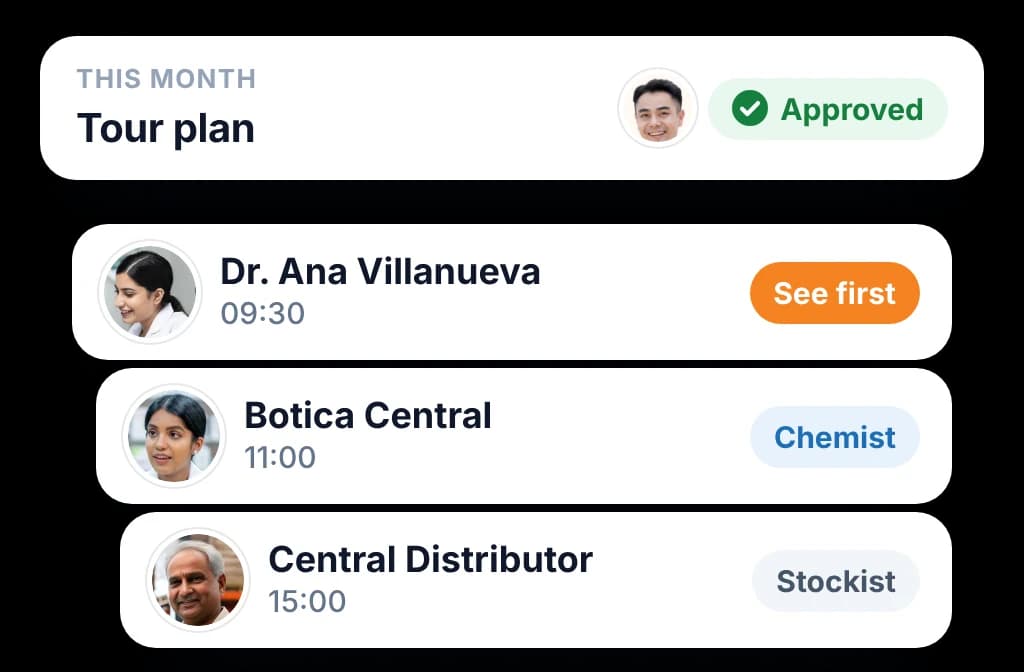 Monthly tour plan approved by the manager, listing a doctor, a chemist and a stockist, with who to see first