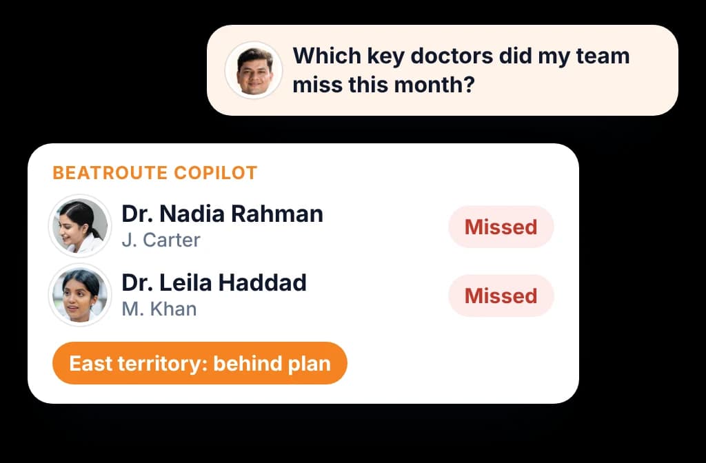 BeatRoute Copilot showing missed doctor visits and territories behind plan