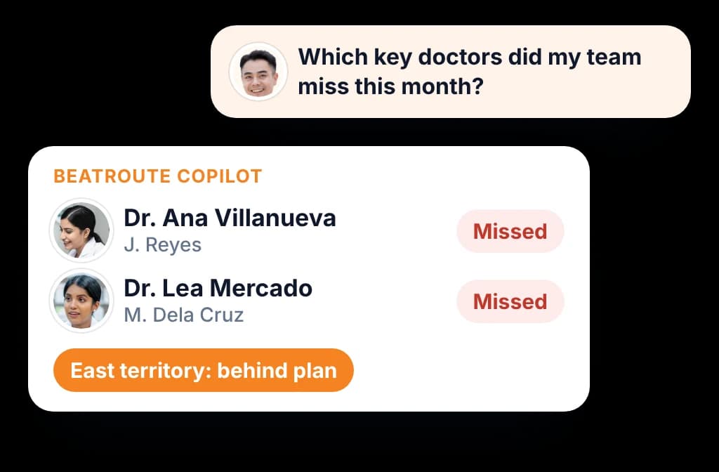BeatRoute Copilot showing missed doctor visits and territories behind plan