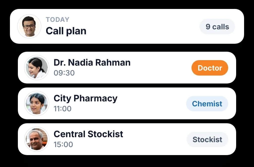 BeatRoute MR reporting app showing a medical rep's daily call plan
