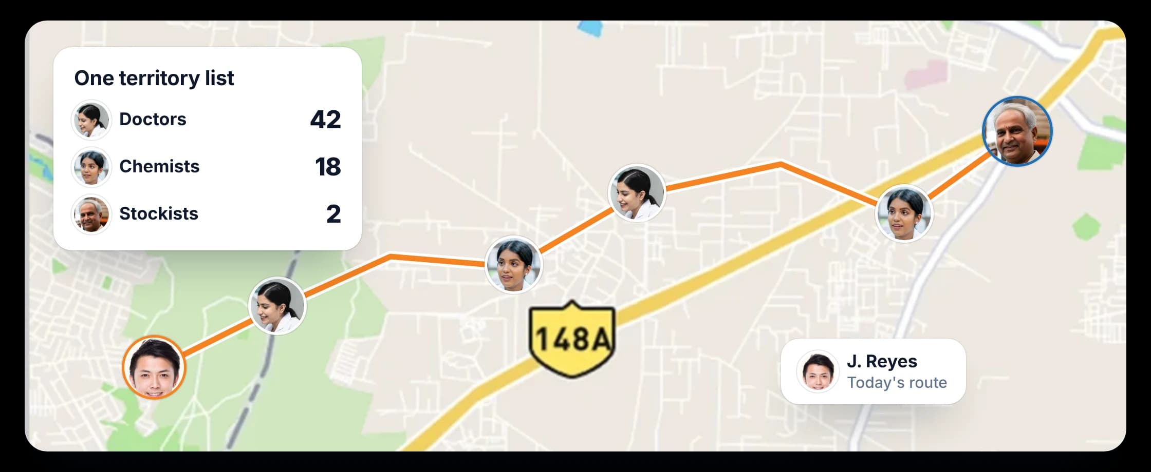 Territory map with one list of doctors, chemists and stockists, and the medical rep's route for the day