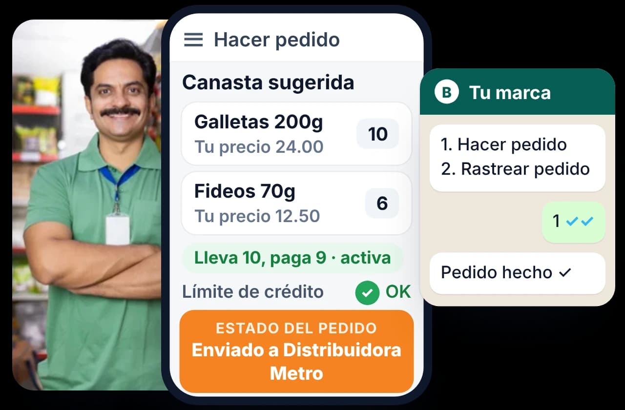 Un tendero junto a la app de pedidos con sus precios, una promoción activa y su crédito, y un chat de pedidos por WhatsApp