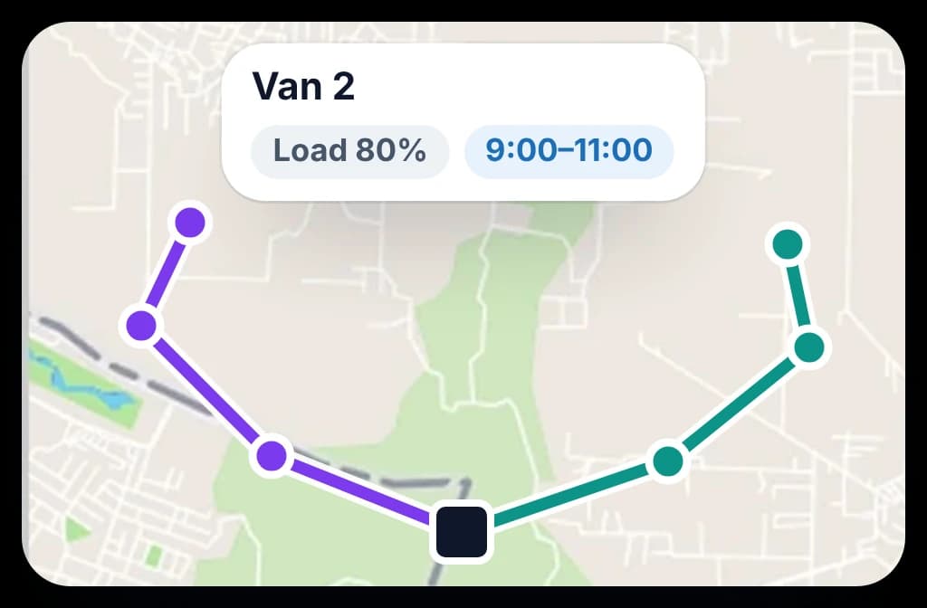 Two delivery vans leaving one depot on separate routes, one showing its load and delivery time window
