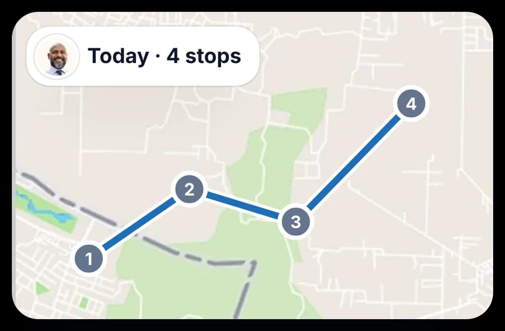 A map app ordering one rep's chosen stops for today, with no beat or outlet value behind the order