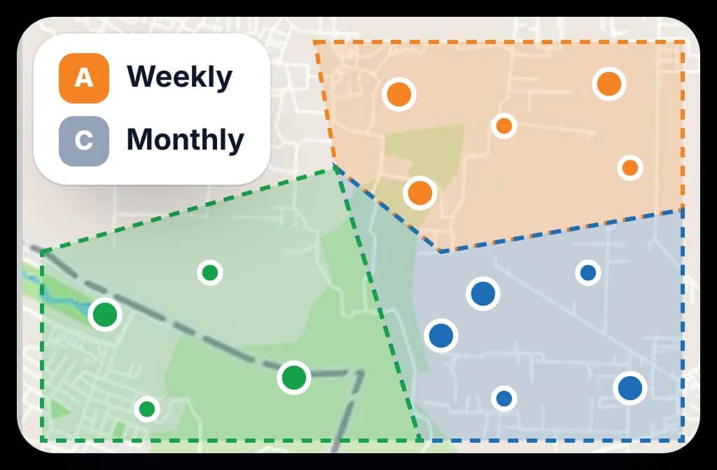 A territory cut into beats with outlets pinned, top outlets visited weekly and small ones monthly