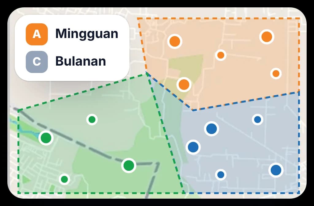 Wilayah yang dibagi menjadi beberapa rute dengan outlet ditandai: outlet utama tiap minggu, outlet kecil tiap bulan
