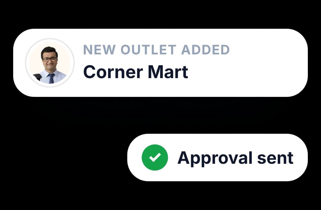 A new outlet added by a rep in the field, which sends an approval request to another system on its own
