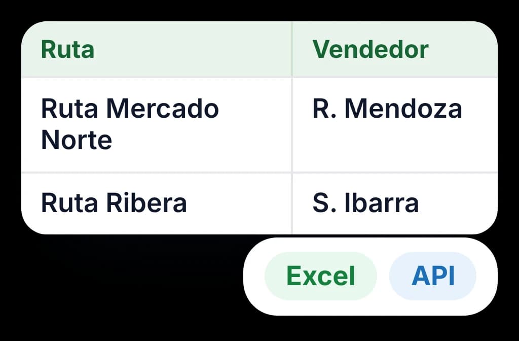 Un plan de rutas con cada ruta y su vendedor, listo para enviar a otros sistemas en Excel o por API