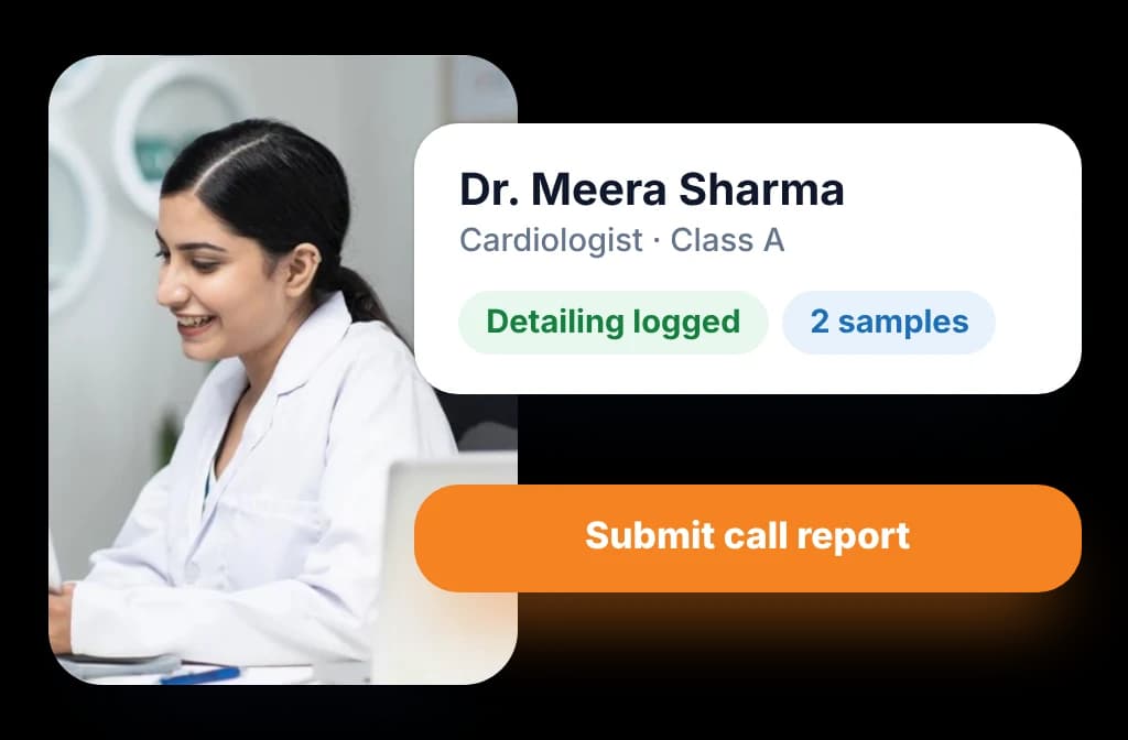 Pharma SFA call report: a doctor's visit with detailing logged and two samples given