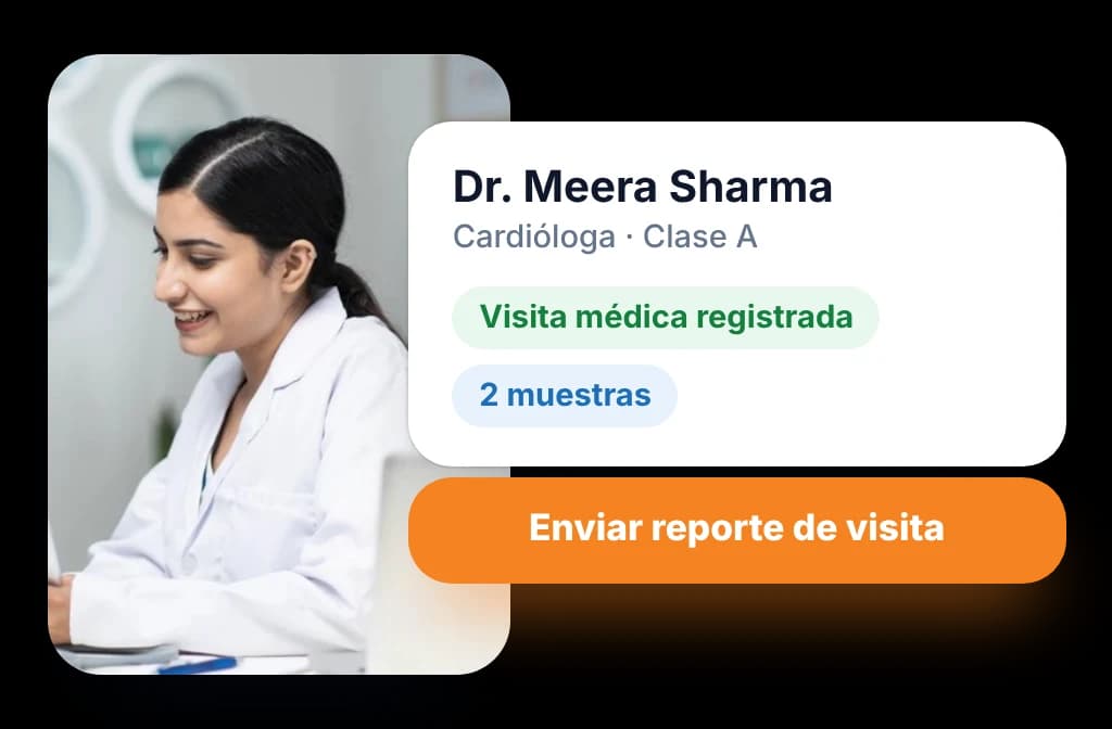 Reporte de visita médica en la app SFA: consulta registrada y dos muestras entregadas